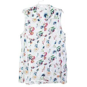 J. Jill Love Linen Button Down Shirt Size XL Sleeveless Tunic White Floral Beach
